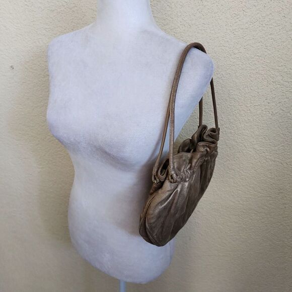 BALLY EUC Tan Gold Suede Leather Pleated Cloud Bag Puffy made In Italy $1,300 - Picture 8 of 9